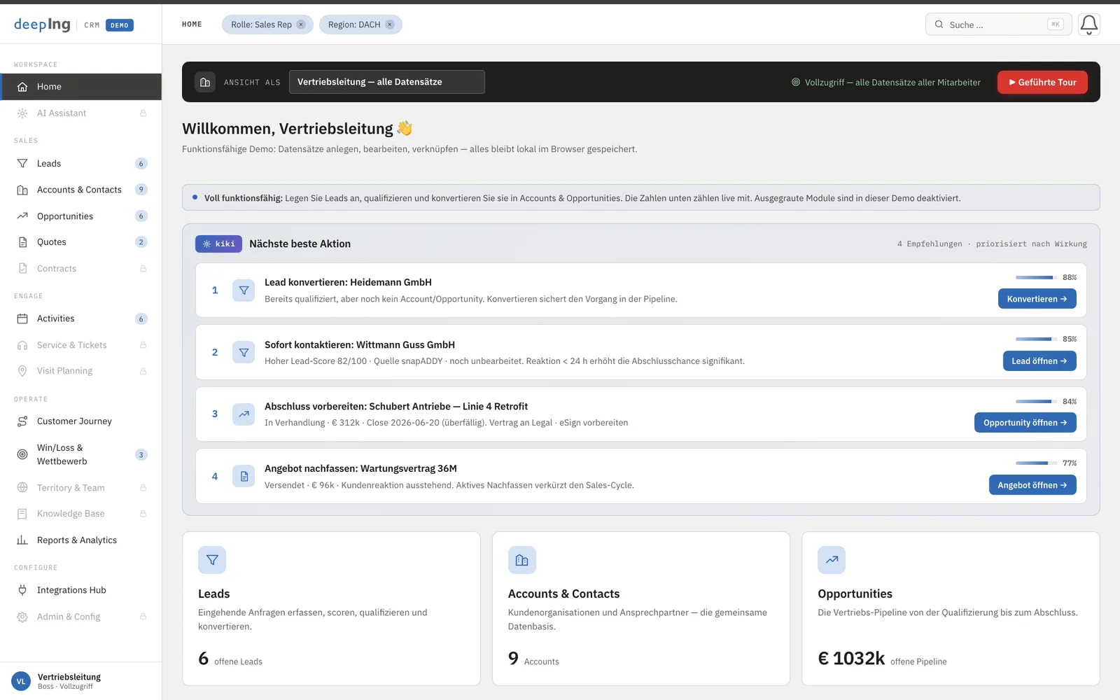 CRM: Vertriebs-Cockpit mit Leads, Pipeline und KI-Empfehlungen